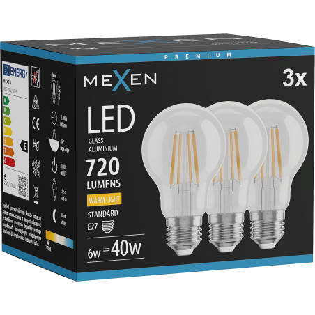 Mexen Vintis 3x LED нажежаема жичка E27, A60, 6W, Топла - 2700K, 720 lm, прозрачна