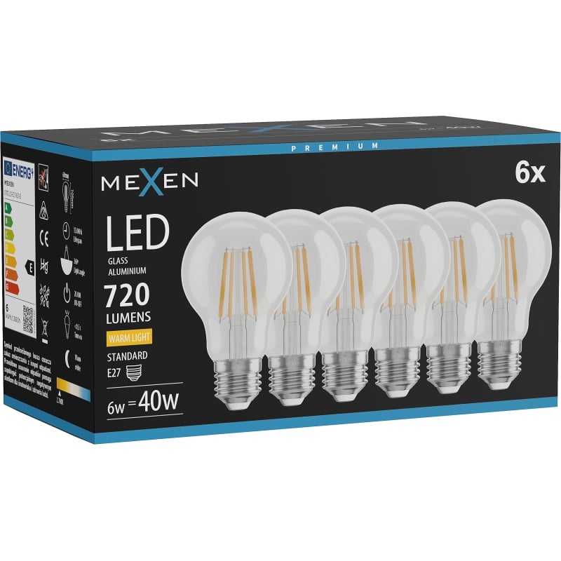 Mexen Vintis 6x Крушка с нажежаема жичка LED E27, A60, 6W, Топла - 2700K, 720 lm, прозрачна