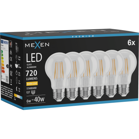 Mexen Vintis 6x Крушка с нажежаема жичка LED E27, A60, 6W, Топла - 2700K, 720 lm, прозрачна