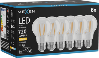 Mexen Vintis 6x Крушка с нажежаема жичка LED E27, A60, 6W, Топла - 2700K, 720 lm, прозрачна