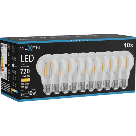 Mexen Vintis 10x LED нажежаема жичка E27, A60, 6W, Топло - 2700K, 720 lm, прозрачно