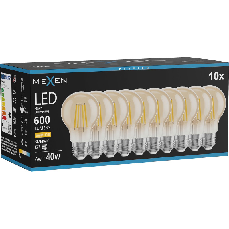 Mexen Vintis 10x LED филамент крушка E27, A60, 6W, Топла - 2700K, 600 lm, кехлибар