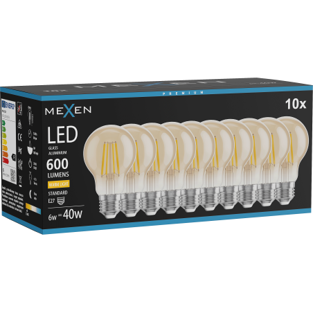 Mexen Vintis 10x LED филамент крушка E27, A60, 6W, Топла - 2700K, 600 lm, кехлибар