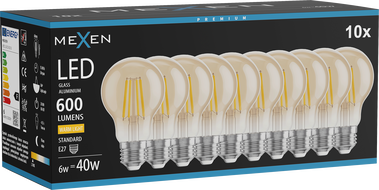 Mexen Vintis 10x LED филамент крушка E27, A60, 6W, Топла - 2700K, 600 lm, кехлибар