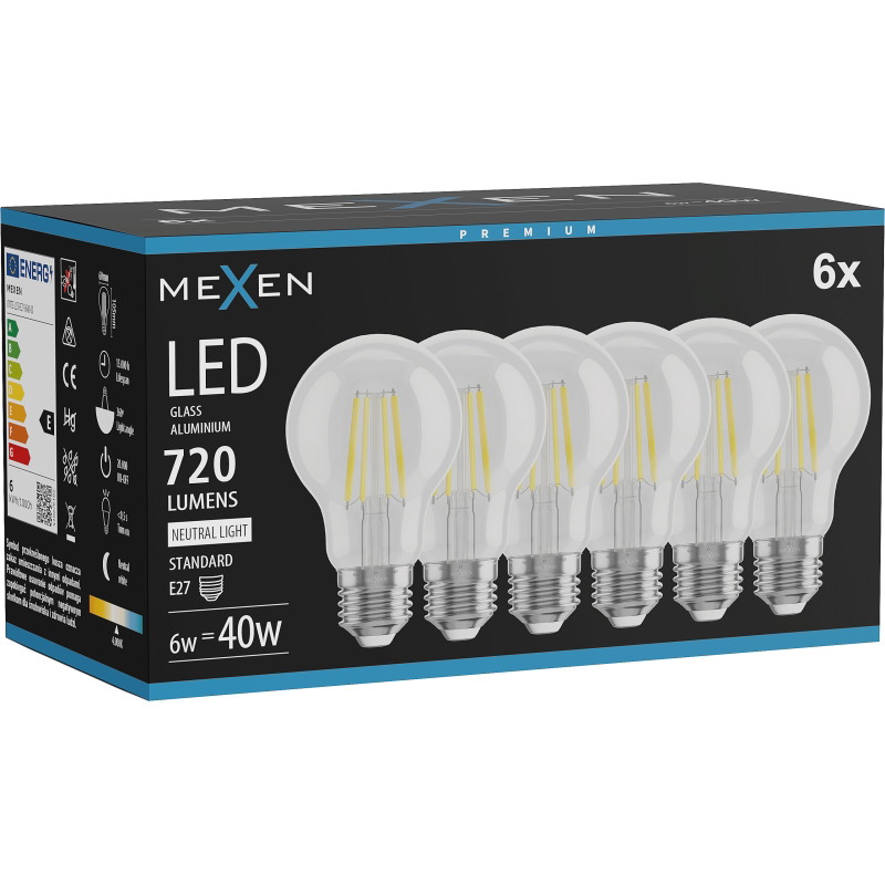 Mexen Vintis 6x LED филаментна крушка E27, A60, 6W, Неутрална - 4000K, 720 lm, прозрачна