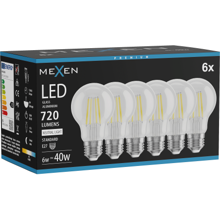 Mexen Vintis 6x LED филаментна крушка E27, A60, 6W, Неутрална - 4000K, 720 lm, прозрачна