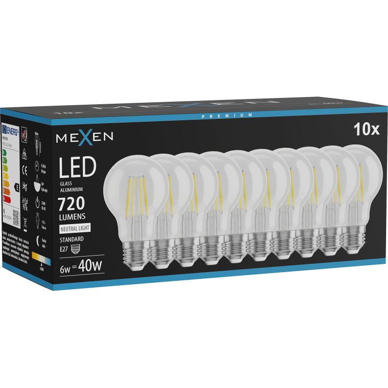 Mexen Vintis 10x LED нажежаема жичка крушка E27, A60, 6W, Неутрална - 4000K, 720 lm,
