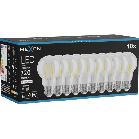 Mexen Vintis 10x LED нажежаема жичка крушка E27, A60, 6W, Неутрална - 4000K, 720 lm,