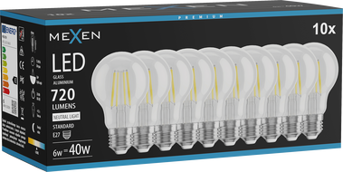 Mexen Vintis 10x LED нажежаема жичка крушка E27, A60, 6W, Неутрална - 4000K, 720 lm,
