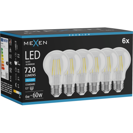Mexen Vintis 6x LED филaмент крушка E27, A60, 6W, Студена - 6500K, 720 lm, прозрачна