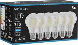 Mexen Vintis 6x LED филaмент крушка E27, A60, 6W, Студена - 6500K, 720 lm, прозрачна