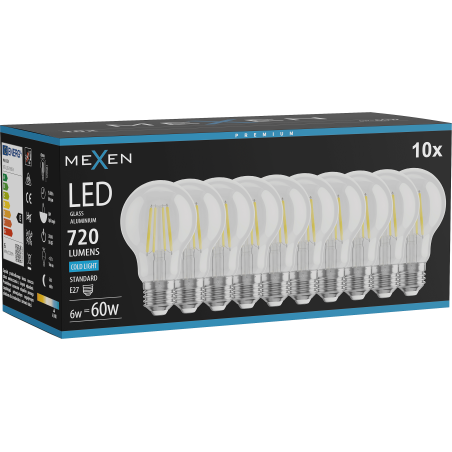 Mexen Vintis 10x LED филамент крушка E27, A60, 6W, Студена - 6500K, 720 lm, прозрачна