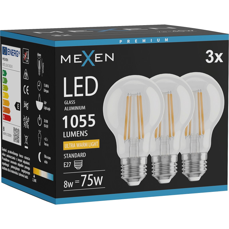 Mexen Vintis 3x LED филамент крушка E27, A60, 8W, Топла - 2200K, 1055 lm, прозрачна