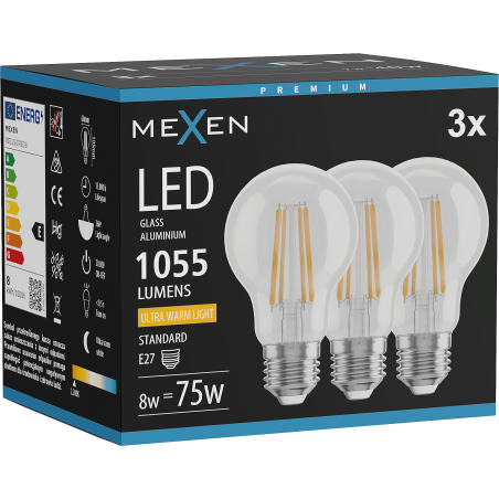 Mexen Vintis 3x LED филамент крушка E27, A60, 8W, Топла - 2200K, 1055 lm, прозрачна