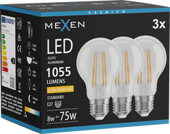 Mexen Vintis 3x LED филамент крушка E27, A60, 8W, Топла - 2200K, 1055 lm, прозрачна