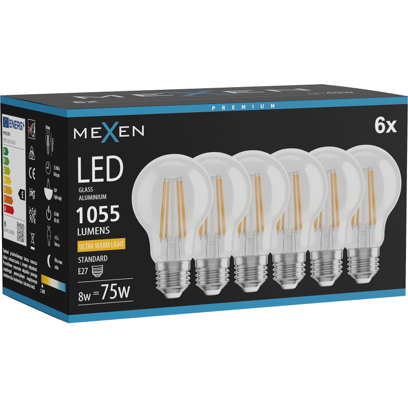 Mexen Vintis 6x LED филамент крушка E27, A60, 8W, Топла - 2200K, 1055 lm, прозрачен