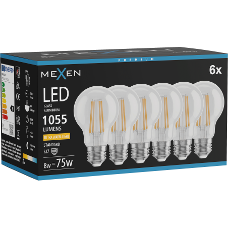 Mexen Vintis 6x LED филамент крушка E27, A60, 8W, Топла - 2200K, 1055 lm, прозрачен