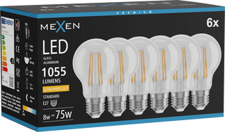 Mexen Vintis 6x LED филамент крушка E27, A60, 8W, Топла - 2200K, 1055 lm, прозрачен