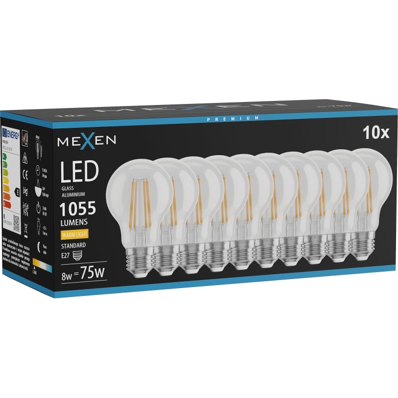 Mexen Vintis 10x LED филамент крушка E27, A60, 8W, Топла - 2200K, 1055 lm, ясна - L150-E27-0822-00x10