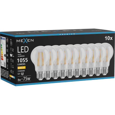 Mexen Vintis 10x LED филамент крушка E27, A60, 8W, Топла - 2200K, 1055 lm, ясна - L150-E27-0822-00x10