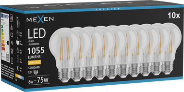 Mexen Vintis 10x LED филамент крушка E27, A60, 8W, Топла - 2200K, 1055 lm, ясна - L150-E27-0822-00x10