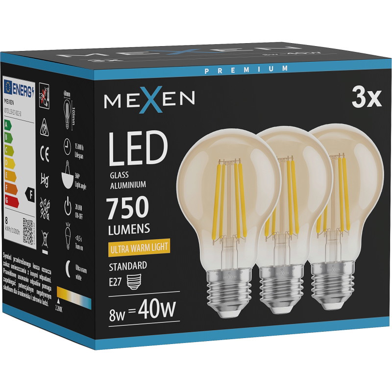 Mexen Vintis 3x LED нишкова крушка E27, A60, 8W, Топла - 2200K, 750 lm, кехлибар - L150-E27-0822-50x03