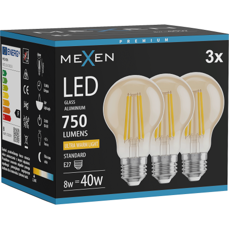 Mexen Vintis 3x LED нишкова крушка E27, A60, 8W, Топла - 2200K, 750 lm, кехлибар - L150-E27-0822-50x03