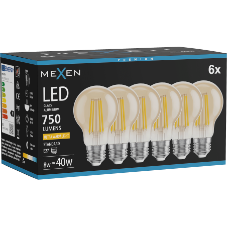 Mexen Vintis 6x LED крушка с въглеродна нишка E27, A60, 8W, Топла - 2200K, 750 lm, кехлибар