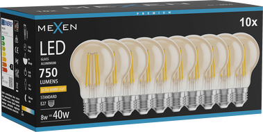 Mexen Vintis 10x LED филаментна крушка E27, A60, 8W, Топла - 2200K, 750 lm, кехлибар