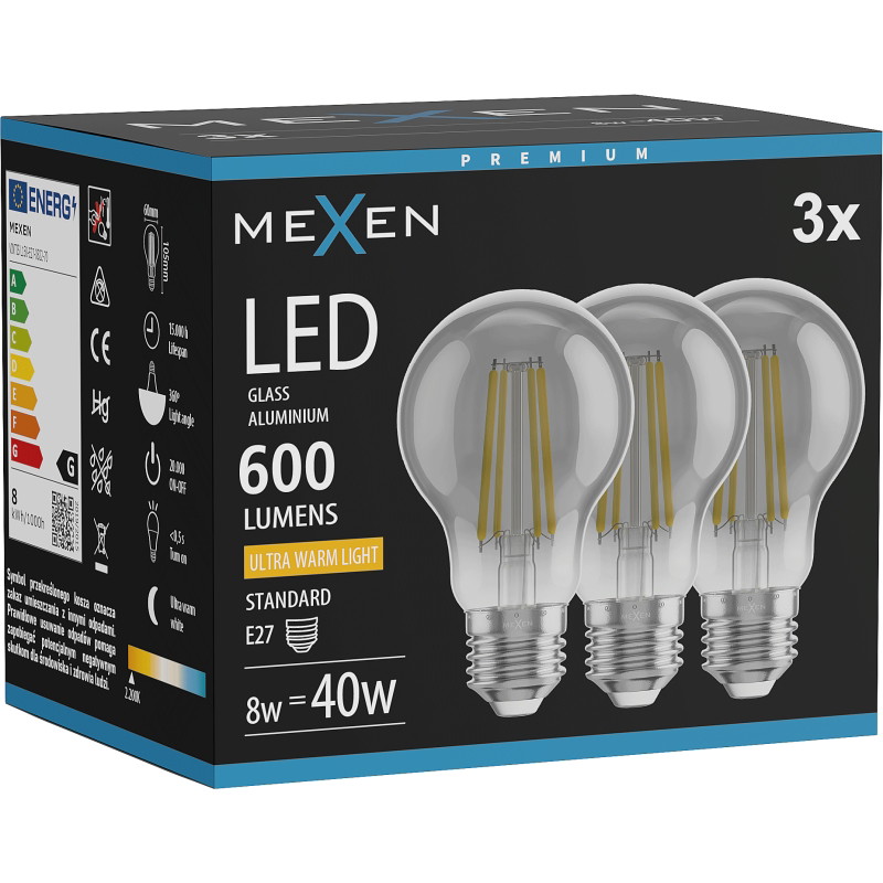 Mexen Vintis 3x LED филаментна крушка E27, A60, 8W, Топла - 2200K, 600 lm, пушек - L150-E27-0822-70x03