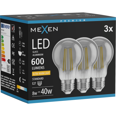 Mexen Vintis 3x LED филаментна крушка E27, A60, 8W, Топла - 2200K, 600 lm, пушек - L150-E27-0822-70x03