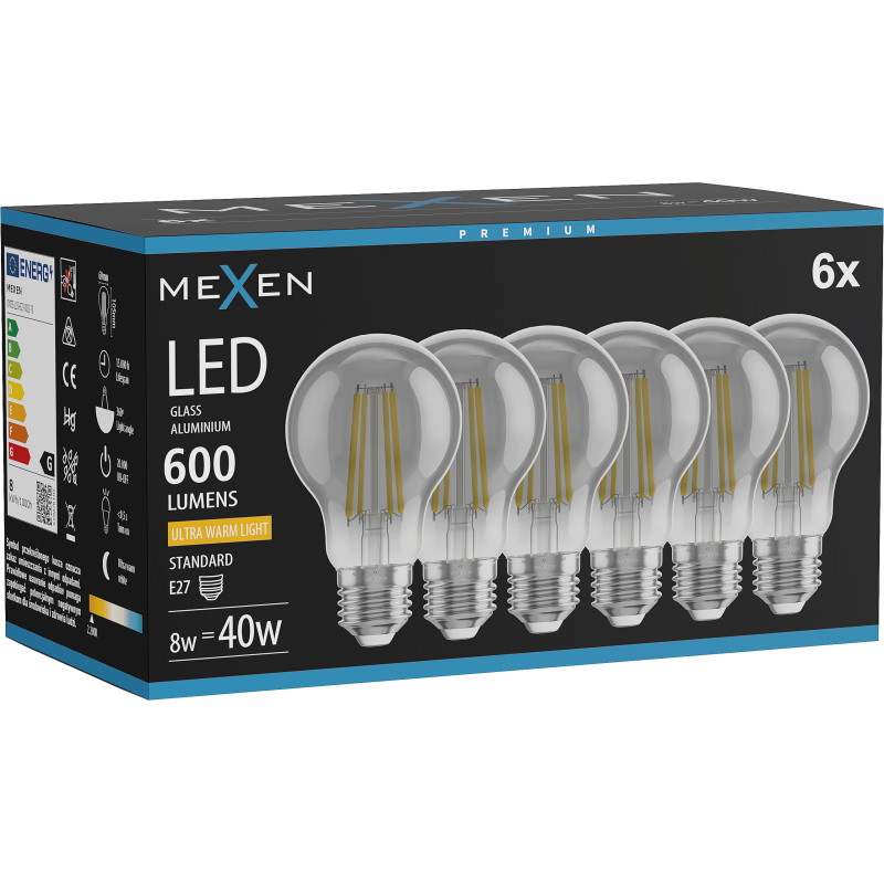 Mexen Vintis 6x LED нажежаема жичка крушка E27, A60, 8W, Топло - 2200K, 600 lm, опушен
