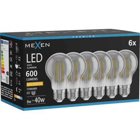 Mexen Vintis 6x LED нажежаема жичка крушка E27, A60, 8W, Топло - 2200K, 600 lm, опушен