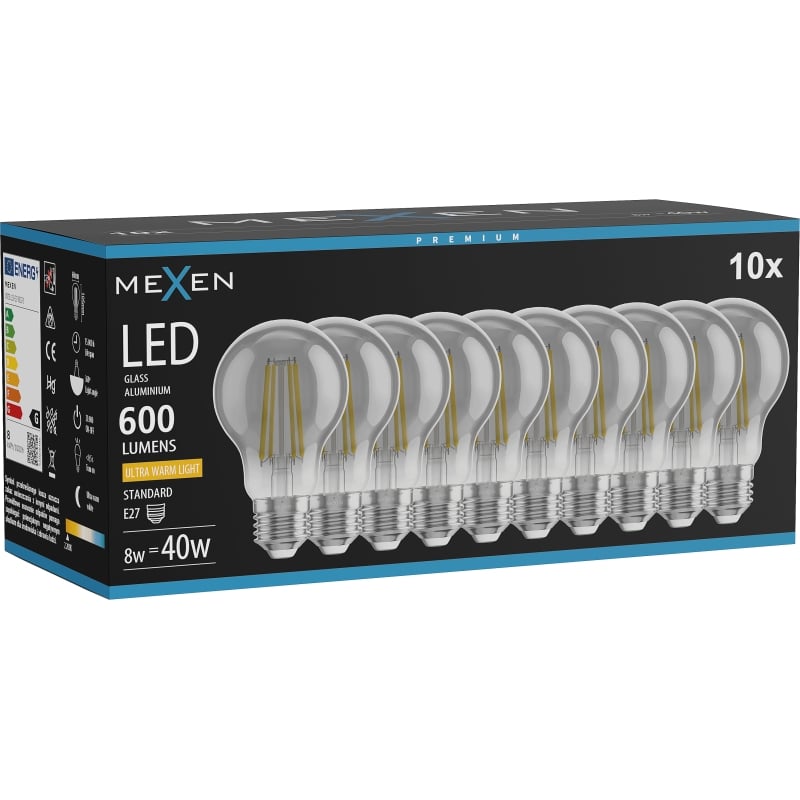 Mexen Vintis 10x LED нажежаема крушка E27, A60, 8W, Топла - 2200K, 600 lm, димираща