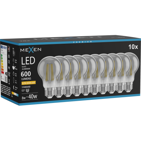 Mexen Vintis 10x LED нажежаема крушка E27, A60, 8W, Топла - 2200K, 600 lm, димираща