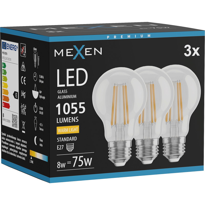 Mexen Vintis 3x LED Филаментна Лампа E27, A60, 8W, Топло - 2700K, 1055 lm, прозрачно