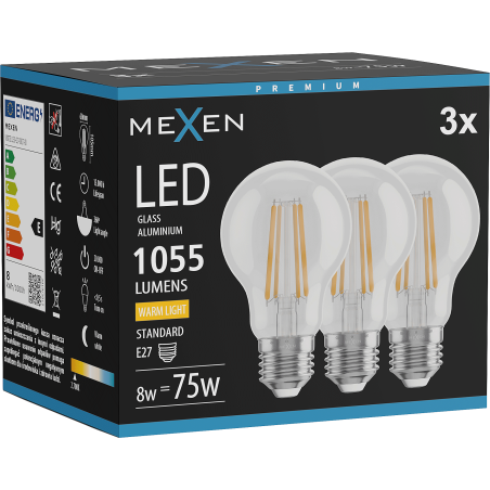 Mexen Vintis 3x LED Филаментна Лампа E27, A60, 8W, Топло - 2700K, 1055 lm, прозрачно