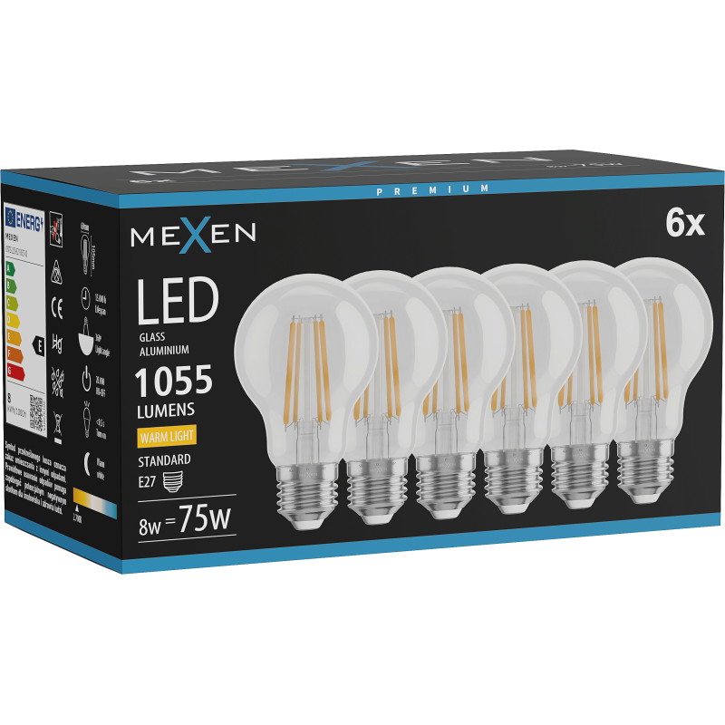 Mexen Vintis 6x LED филамент крушка E27, A60, 8W, Топла - 2700K, 1055 lm, прозрачна