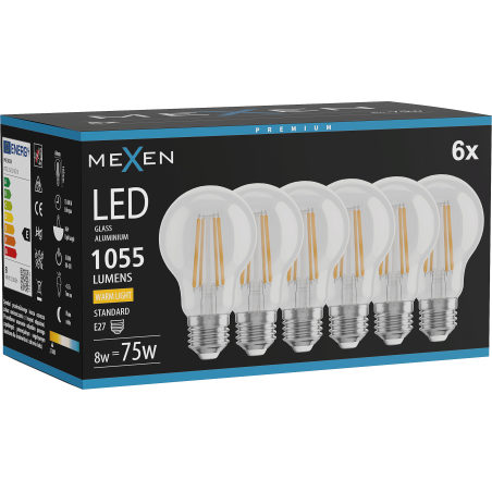 Mexen Vintis 6x LED филамент крушка E27, A60, 8W, Топла - 2700K, 1055 lm, прозрачна