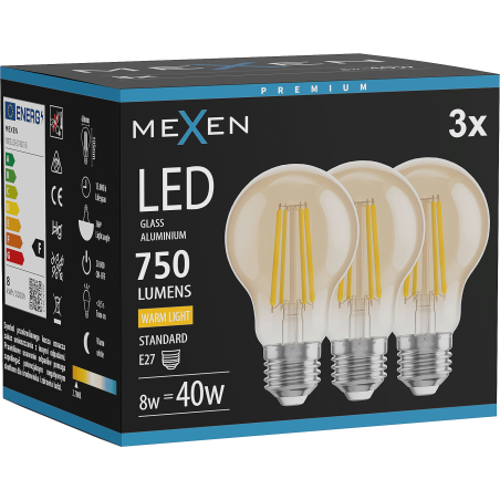 Mexen Vintis 3x LED филамент крушка E27, A60, 8W, Топла - 2700K, 750 lm, кехлибар -