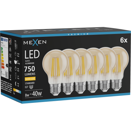 Mexen Vintis 6x LED крушка с нажежаема жичка E27, A60, 8W, Топло - 2700K, 750 lm, кехлибар -