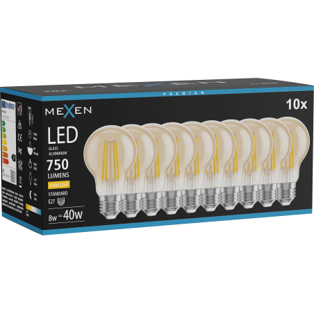 Mexen Vintis 10x LED филаментна крушка E27, A60, 8W, Топла - 2700K, 750 lm, кехлибар -