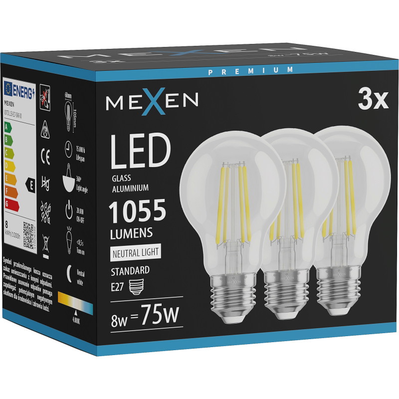 Mexen Vintis 3x LED крушка с нажежаема жичка E27, A60, 8W, Неутрална - 4000K, 1055 lm,
