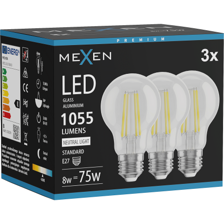 Mexen Vintis 3x LED крушка с нажежаема жичка E27, A60, 8W, Неутрална - 4000K, 1055 lm,