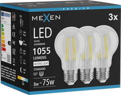 Mexen Vintis 3x LED крушка с нажежаема жичка E27, A60, 8W, Неутрална - 4000K, 1055 lm,