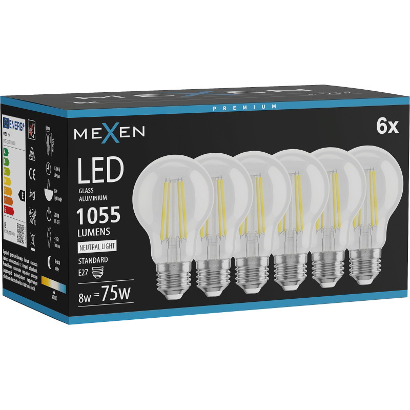 Mexen Vintis 6x LED нишка крушка E27, A60, 8W, неутрална - 4000K, 1055 lm, прозрачна
