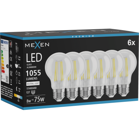 Mexen Vintis 6x LED нишка крушка E27, A60, 8W, неутрална - 4000K, 1055 lm, прозрачна