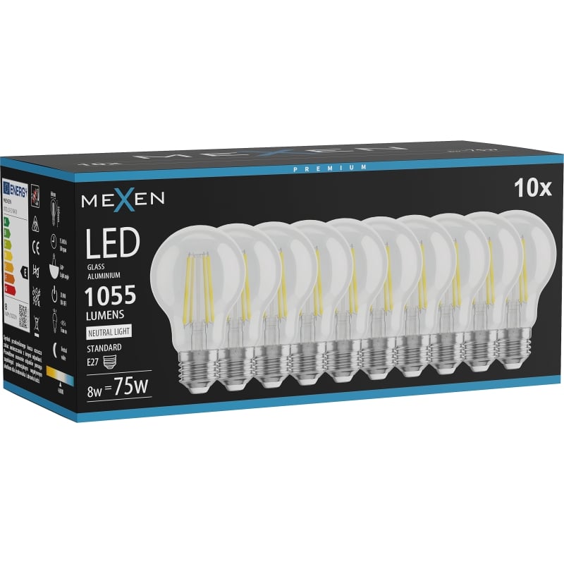Mexen Vintis 10x LED филамент крушка E27, A60, 8W, неутрална - 4000K, 1055 lm, чист