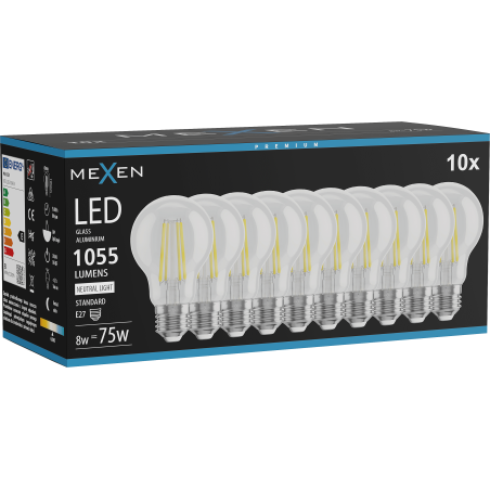 Mexen Vintis 10x LED филамент крушка E27, A60, 8W, неутрална - 4000K, 1055 lm, чист