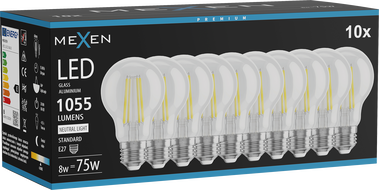 Mexen Vintis 10x LED филамент крушка E27, A60, 8W, неутрална - 4000K, 1055 lm, чист